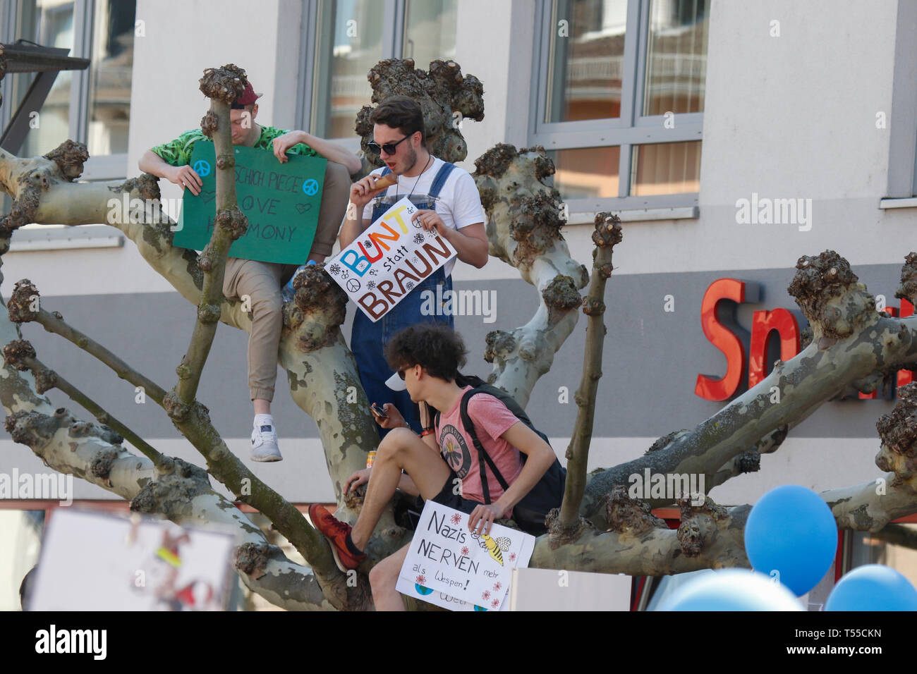 Ingelheim am Rhein, Allemagne. Apr 20, 2019. Contre-manifestants s'asseoir avec des signes dans un arbre à l'extérieur de la gare, où l'aile droite protestataires sont attendus. Autour de 2 000 manifestants ont protesté à Ingelheim contre une marche organisée par le parti de droite 'Die Rechte' (droite). Les haut-parleurs à l'rallyes plainte contre le politique du gouvernement allemand et de la promotion du vote pour Die Rechte' dans la prochaine élection européenne. La marche a été toutefois organisé le anniversaire d'Adolf Hitler. Crédit : Michael Debets/Pacific Press/Alamy Live News Banque D'Images