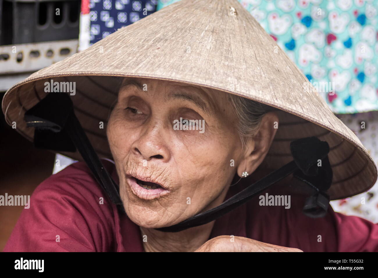 Hoi An, Vietnam-February 24 2019 : portrait d'une vieille femme vietnamienne portant Chapeau conique traditionnel à Hoi An, Vietnam Banque D'Images