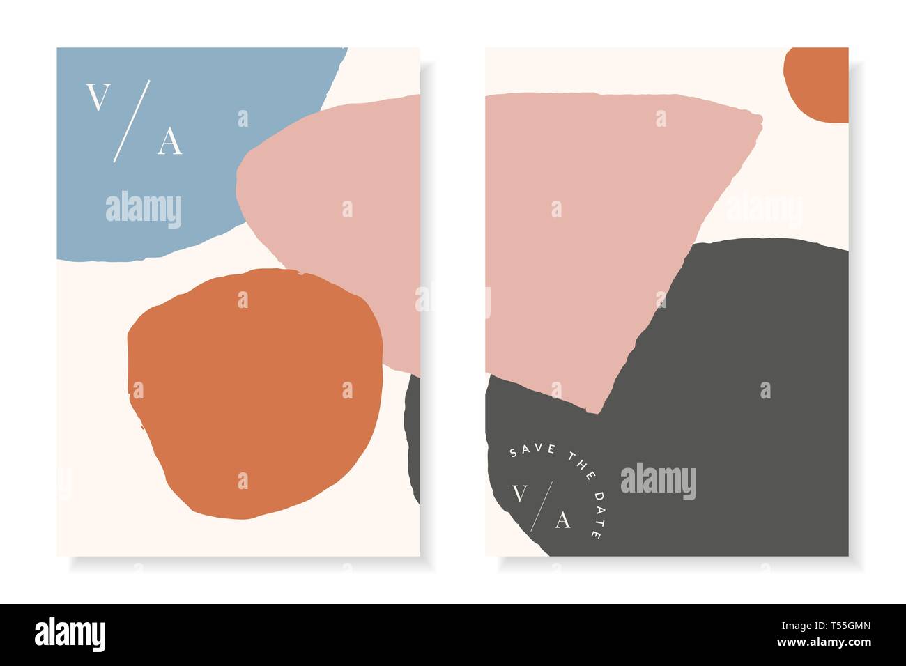 Des modèles modernes et élégantes avec des formes abstraites dans des couleurs chaudes avec du texte. Collage abstrait contemporain invitations de mariage, f Illustration de Vecteur