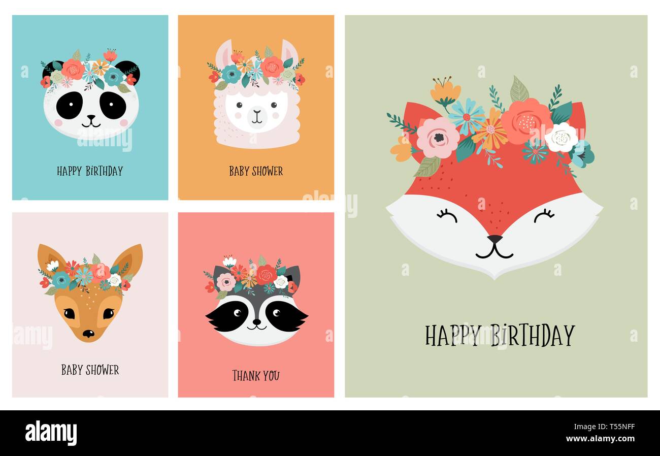 Les Tetes Des Animaux Avec La Couronne De Fleurs Illustrations Vectorielles Pour La Conception D Affiches De Pepiniere Anniversaire Cartes De Vœux Panda Lama Fox Koala Chat Chien Image Vectorielle Stock Alamy