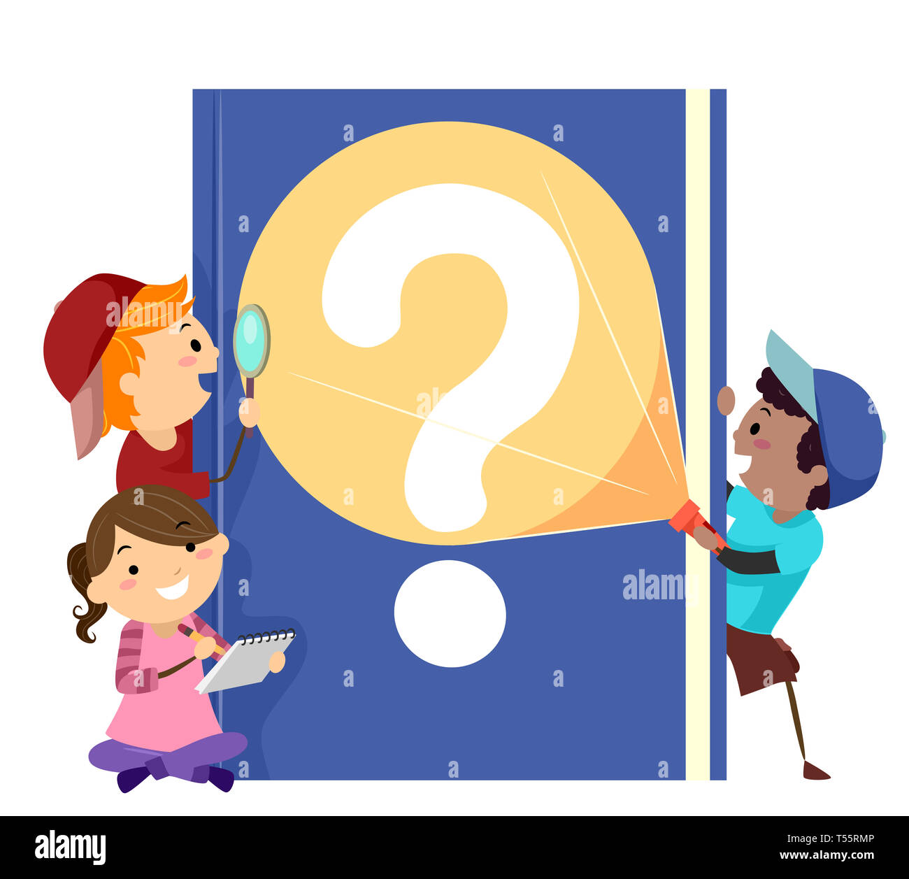 Illustration de Stickman Kids avec un mystère livre avec point d'interrogation, la tenue d'une loupe, lampe et Notes Banque D'Images
