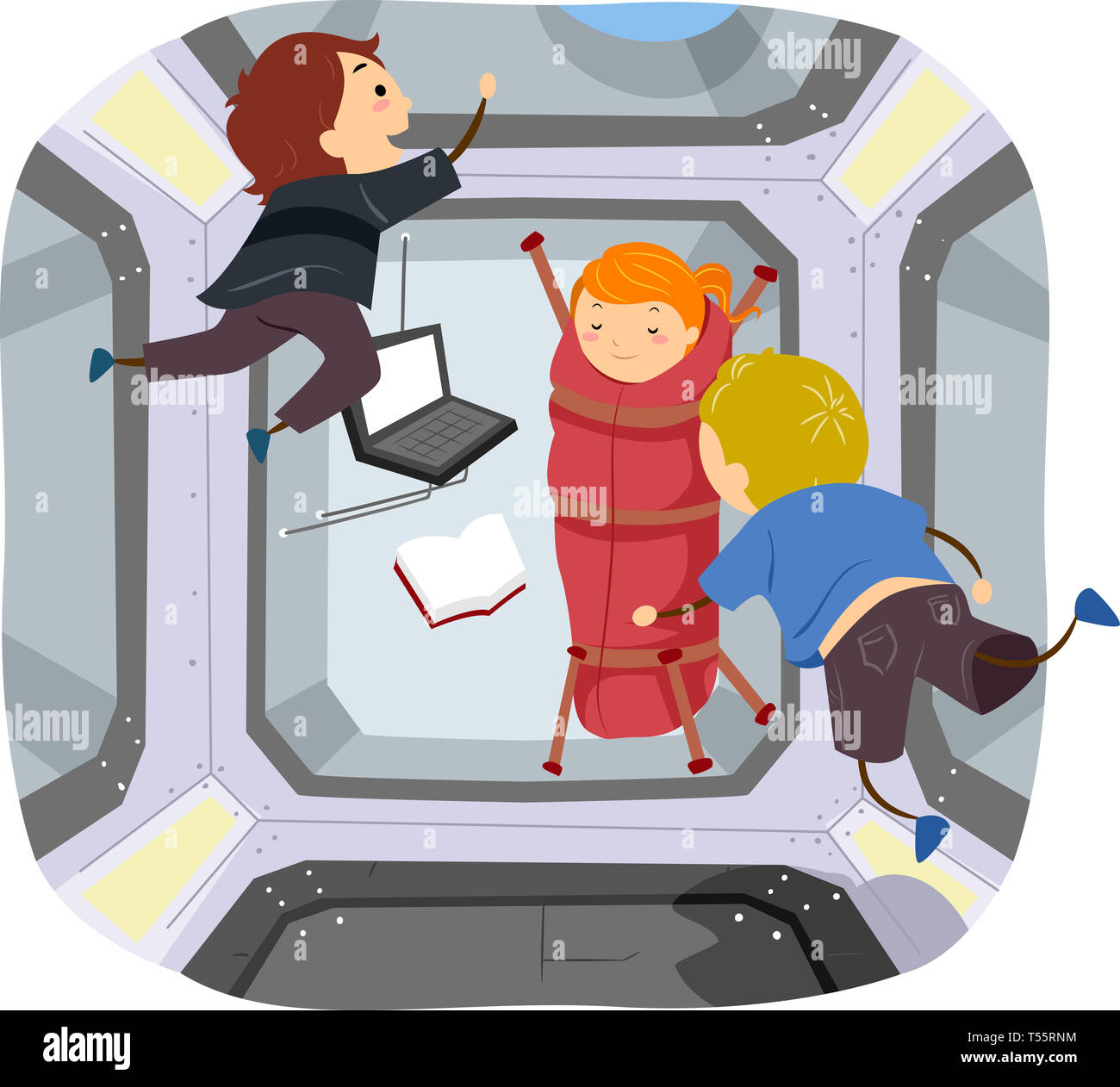 Illustration de Stickman Kids à la Station spatiale se préparer à dormir Banque D'Images