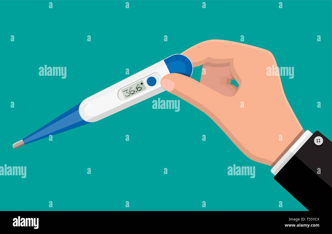 Mains courantes thermomètre électronique. Contrôle de la température. L'hôpital de soins et du diagnostic médical. L'urgence et les services d'urgence. Vector illustrat Illustration de Vecteur