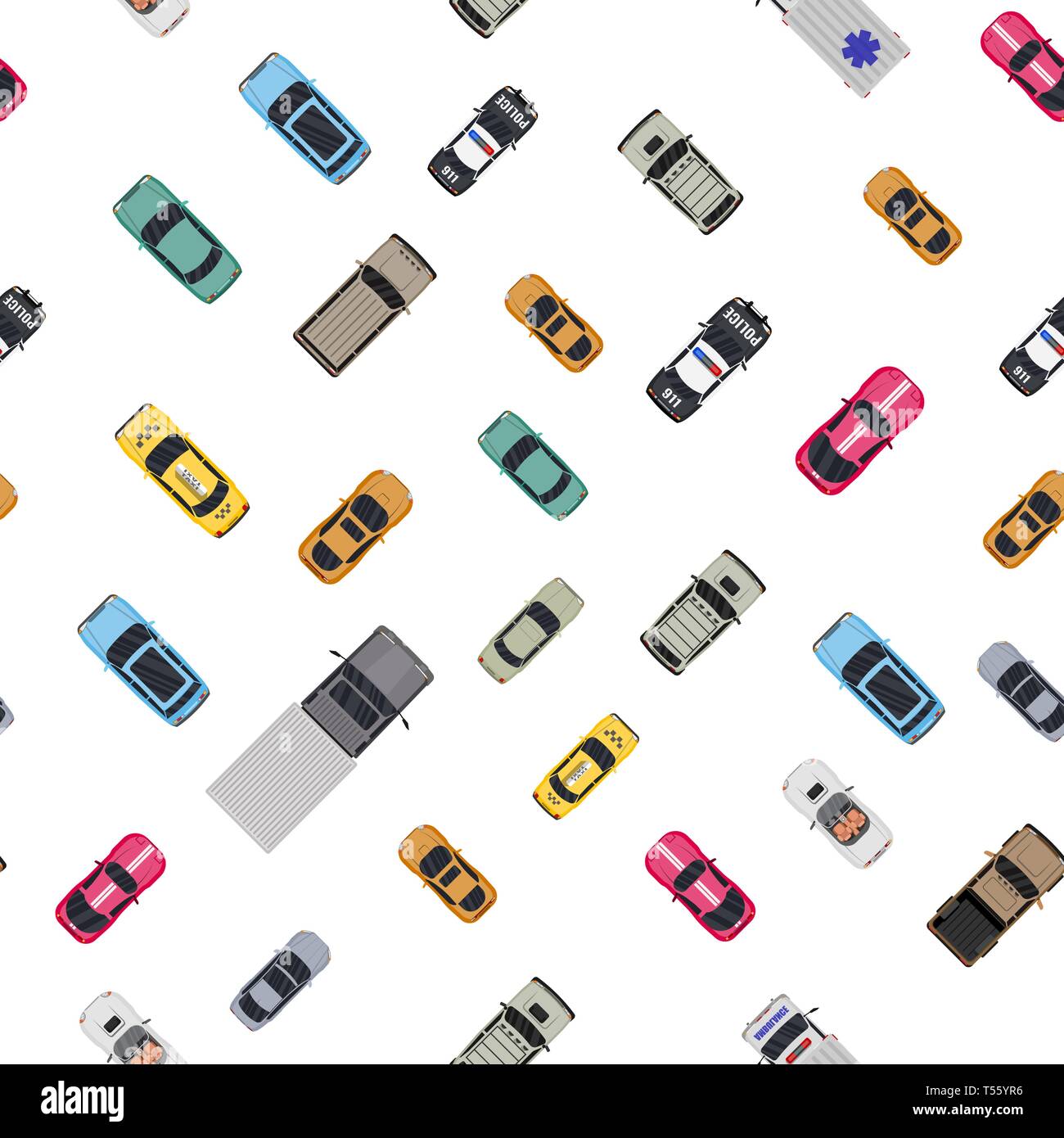Divers véhicules fixé modèle homogène. Roadster, taxi, police, ambulance SUV, berline, camion. Location pour le transport, le fret et les services d'urgence. Haut Illustration de Vecteur