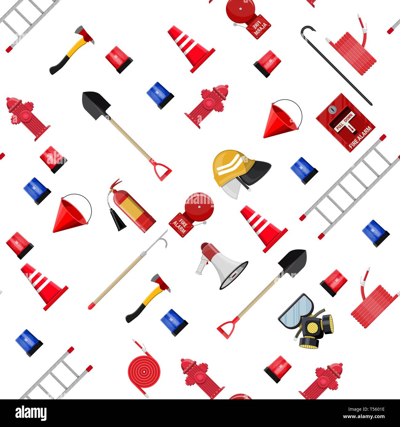 L'incendie continue de modèle établi. L'équipement de protection incendie. Pelle, extincteur, crochet, flexible, casque, d'incendie, d'une hache et d'échelle. Vector illustration i Illustration de Vecteur
