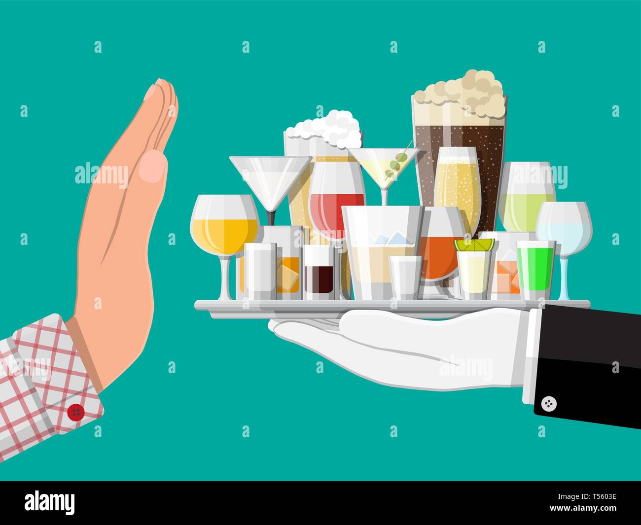 Concept L'abus d'alcool. Bac donne la main de l'alcool à l'autre part. Arrêter l'alcoolisme. Le rejet. Vector illustration dans télévision style. Illustration de Vecteur