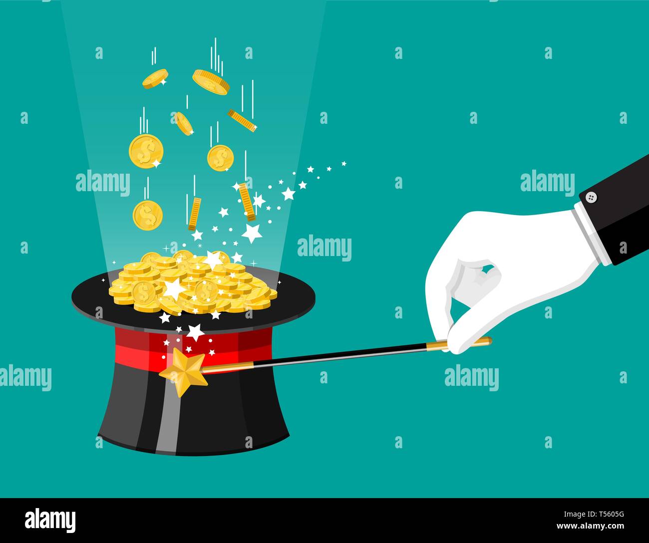 Chapeau magique, baguette et pièces d'or. Illusioniste cap plein d'argent. Pièce d'or avec le symbole du dollar. La croissance, le revenu, l'épargne, l'investissement. Symbole de richesse. Bu Illustration de Vecteur