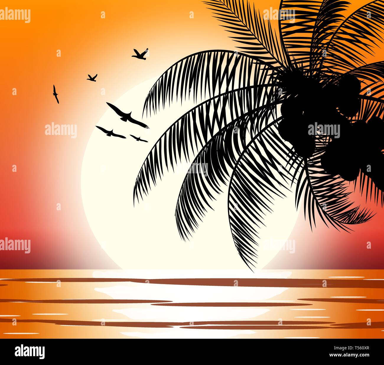 Silhouette de palmier sur la plage. Avec la réflexion du soleil dans l'eau et des mouettes. Coucher du soleil tropical en place. Vector illustration Illustration de Vecteur