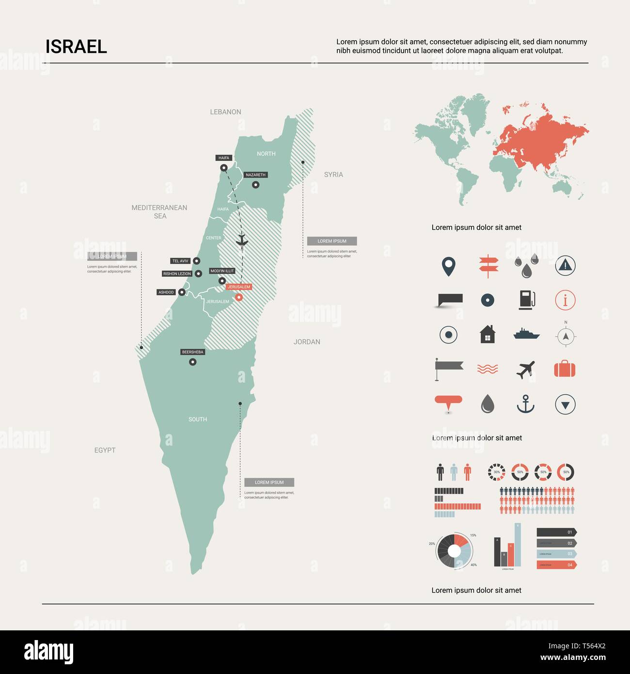 Carte de vecteur d'Israël. Carte pays très détaillés avec division, villes et capitale Jérusalem. Une carte politique, carte du monde, les éléments de l'infographie. Illustration de Vecteur