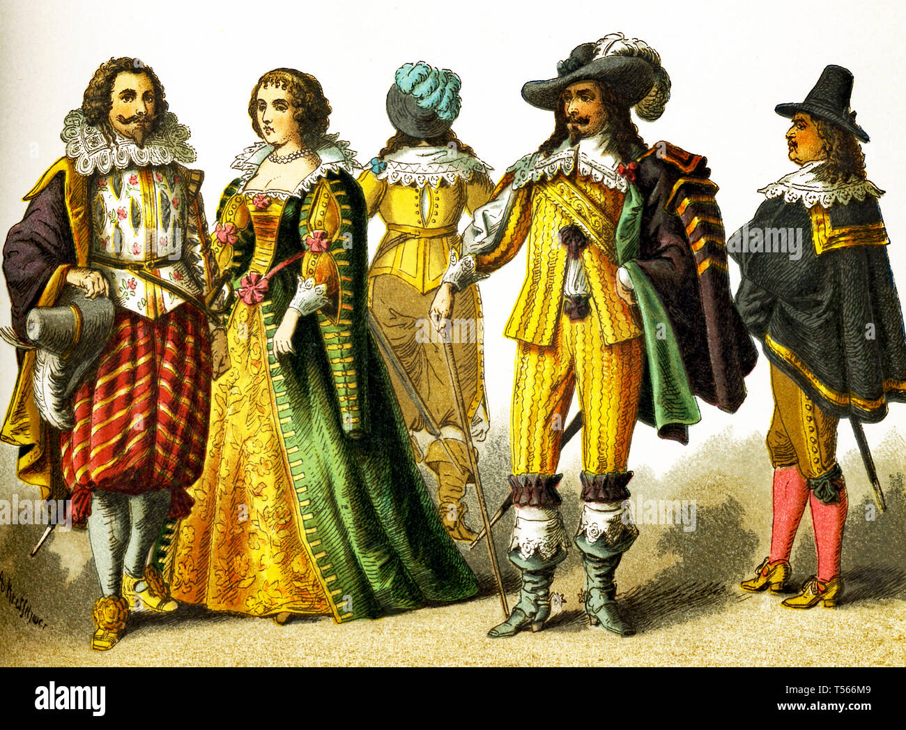 Les chiffres représentent le peuple français dans les années 1600. Ils sont, de gauche à droite : un cavalier, une femme de rang, trois cavaliers. Cette illustration dates pour 1882. Banque D'Images
