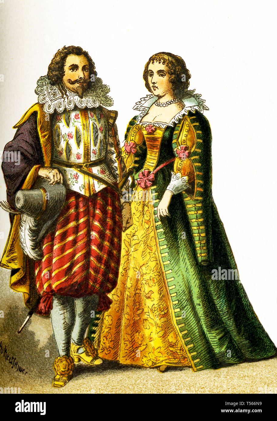 Les chiffres représentent le peuple français dans les années 1600. Ils sont, de gauche à droite : un cavalier et une femme de rang. Cette illustration dates pour 1882. Banque D'Images