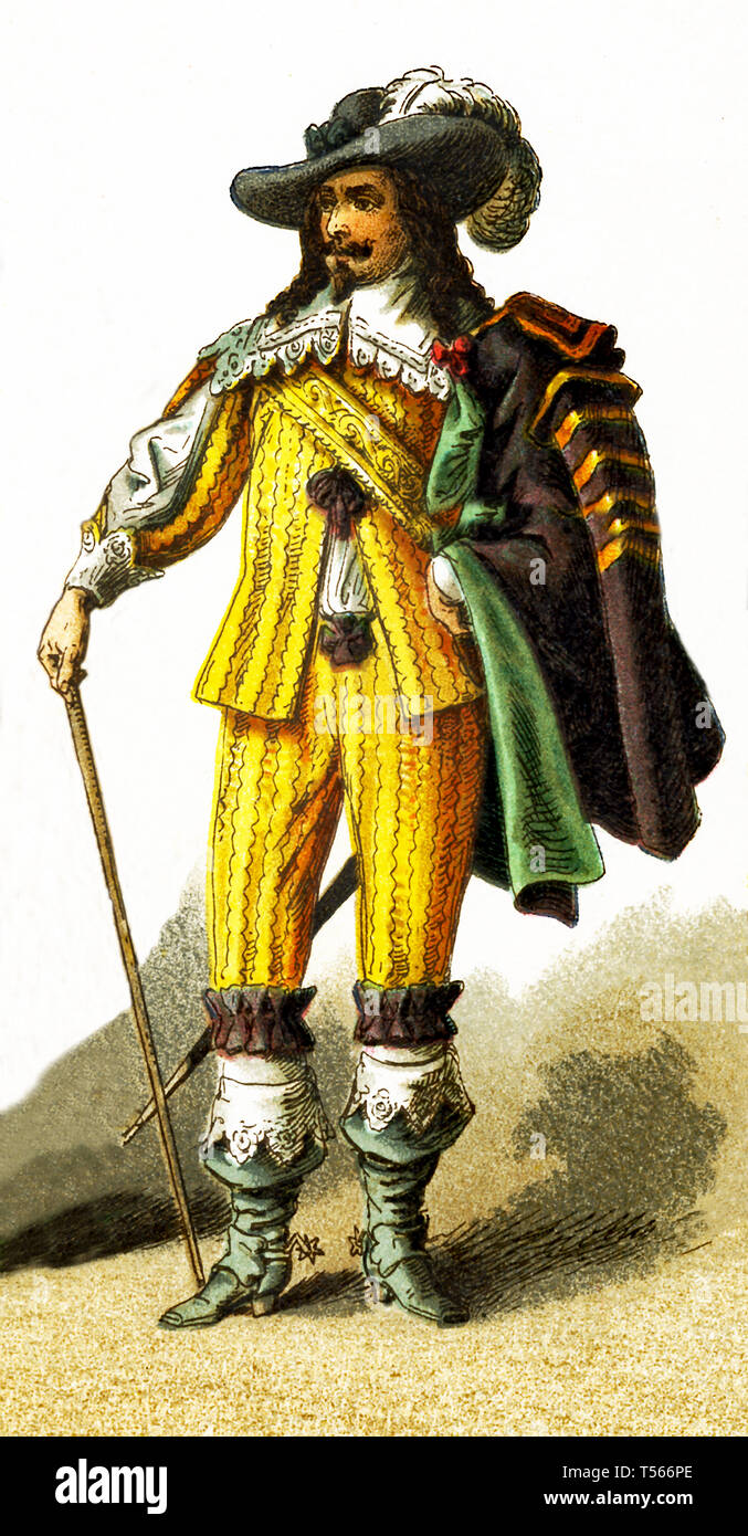 La figure représente un cavalier français dans les années 1600. Cette illustration dates pour 1882. Banque D'Images