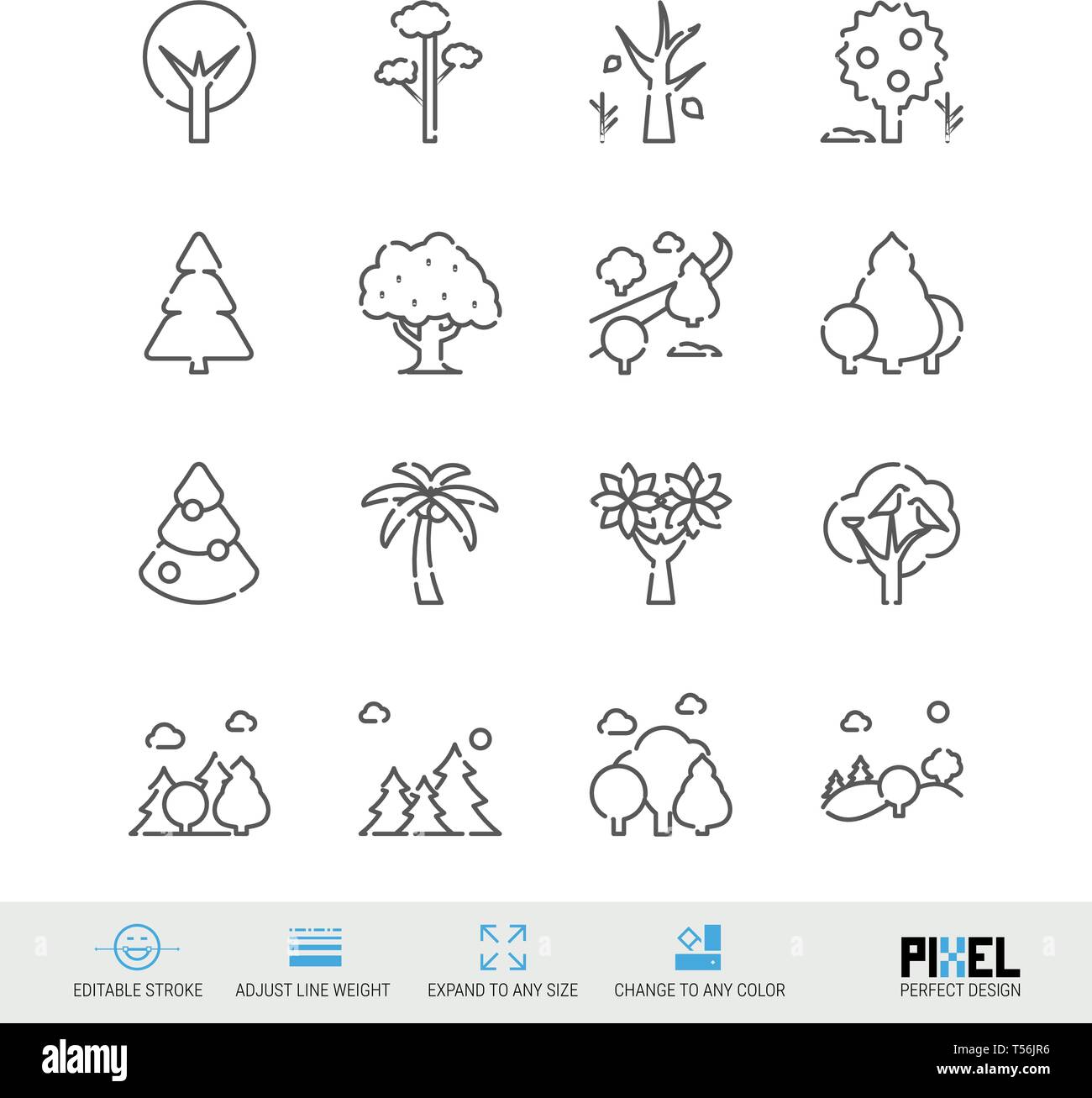 L'icône de la ligne du vecteur défini. Les arbres des icônes linéaire. Forêt de symboles, pictogrammes, signes. Pixel design parfait. Avc. modifiable Régler l'épaisseur de ligne. Illustration de Vecteur