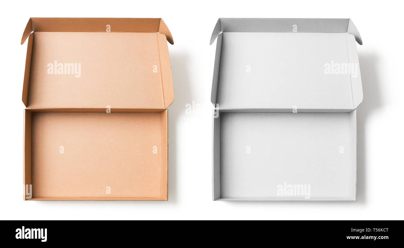Ouvrir des boîtes de carton haut de l'ensemble de vues isolé sur blanc avec aucune ombre chemin de détourage pour les deux Banque D'Images