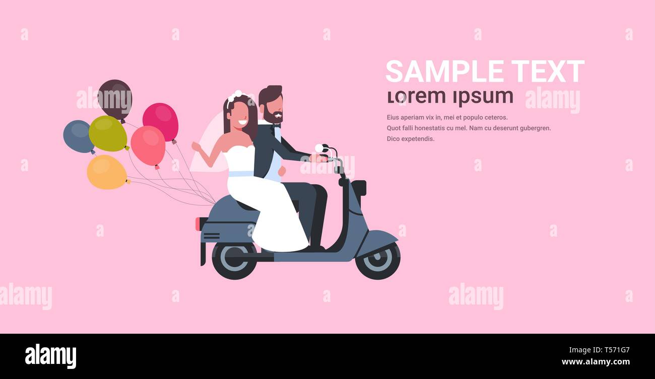 Tout homme marié woman riding scooter avec des ballons colorés romantic couple mariés s'amusant mariage concept copie fond rose Illustration de Vecteur