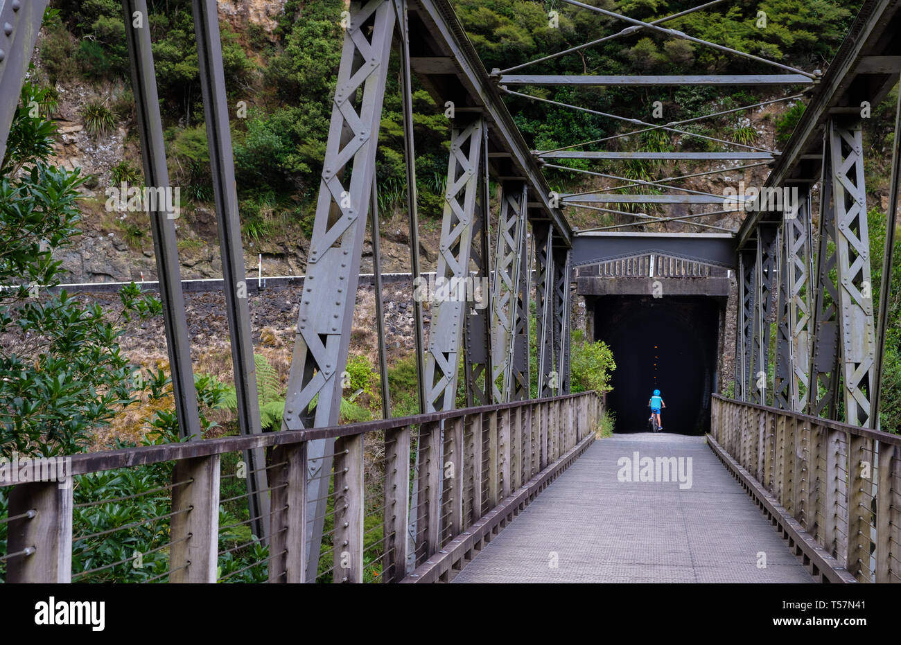 Karangahake Gorge chemin des loisirs et sur le tunnel ferroviaire Ohinemuri, près de Waihi, Bay of Plenty, île du Nord, Nouvelle-Zélande Banque D'Images