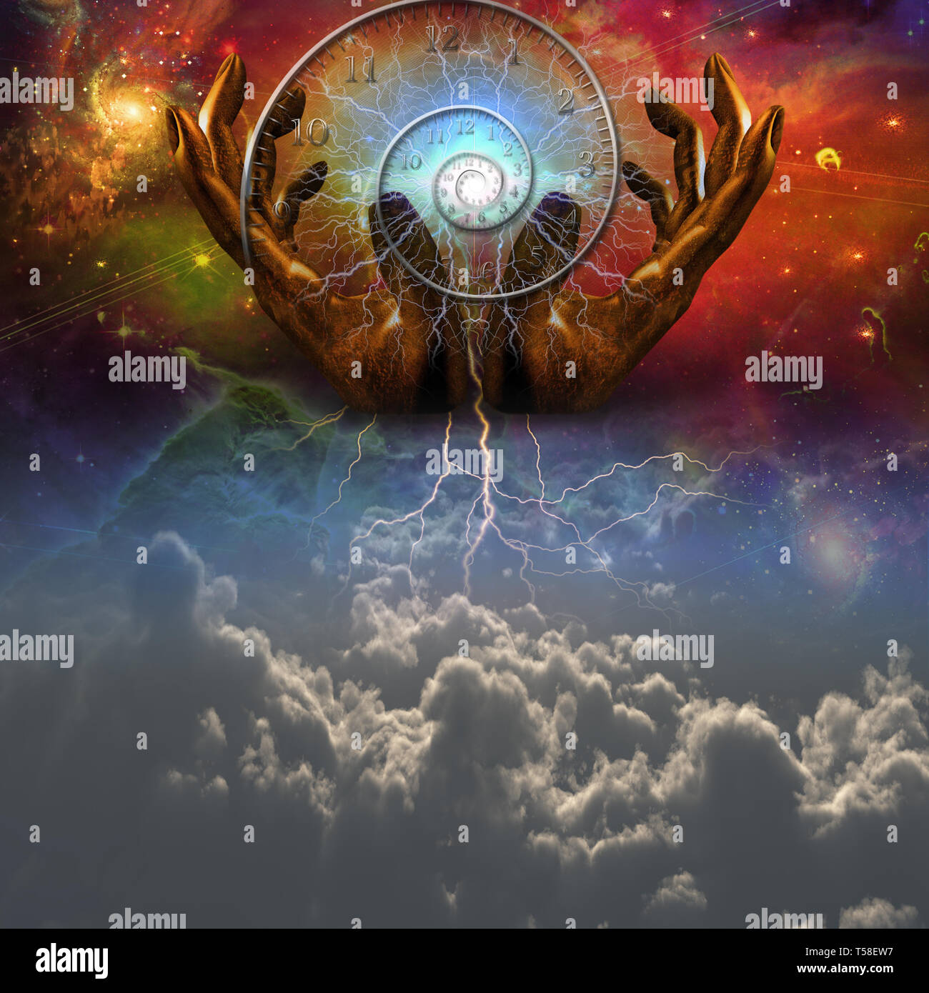 Le Surrealisme Les Mains De Dieu Et Spirale De Temps Dans Le Ciel Moment De Creation Photo Stock Alamy