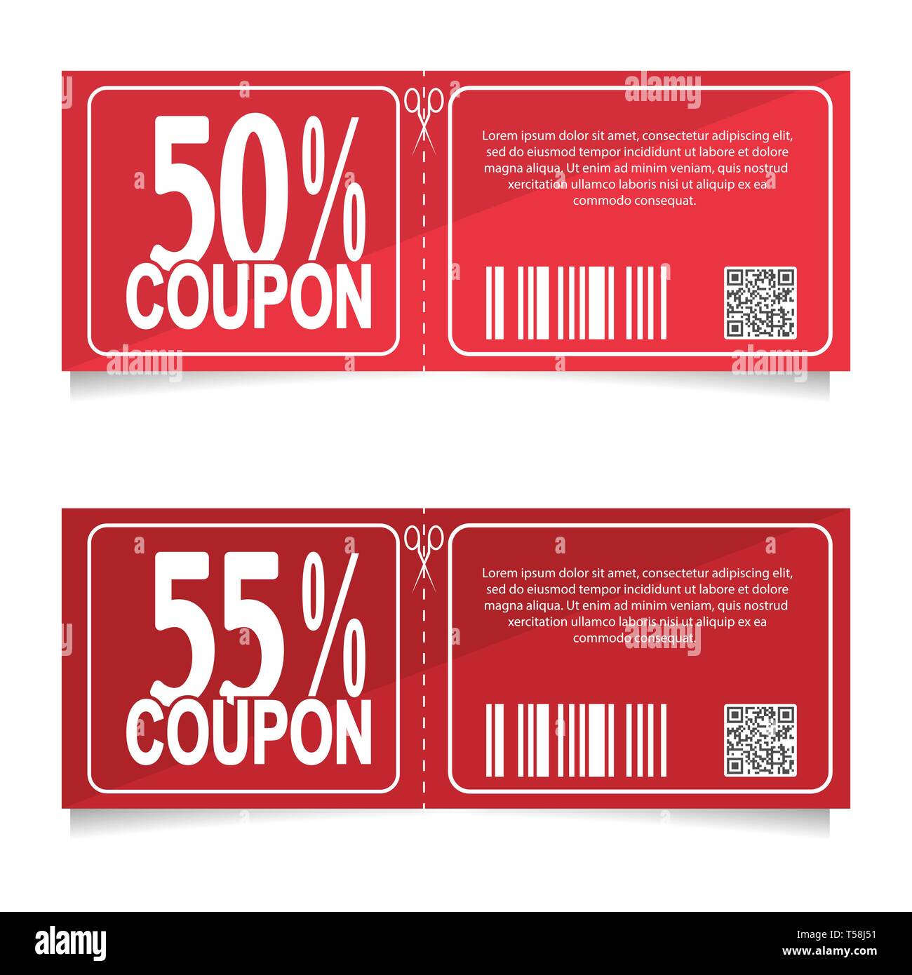 La conception d'un coupon pour un rabais de 50 et 55 pour cent. L'icône de vente, shopping concept Illustration de Vecteur