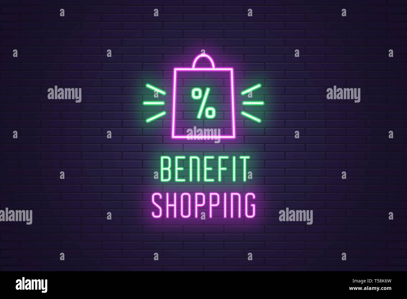 Composition de l'avantage global néon Shopping. Vector illustration of glowing Neon et Sac shopping Prestations texte. Pancarte numérique lumineux pour l'E-comme Illustration de Vecteur