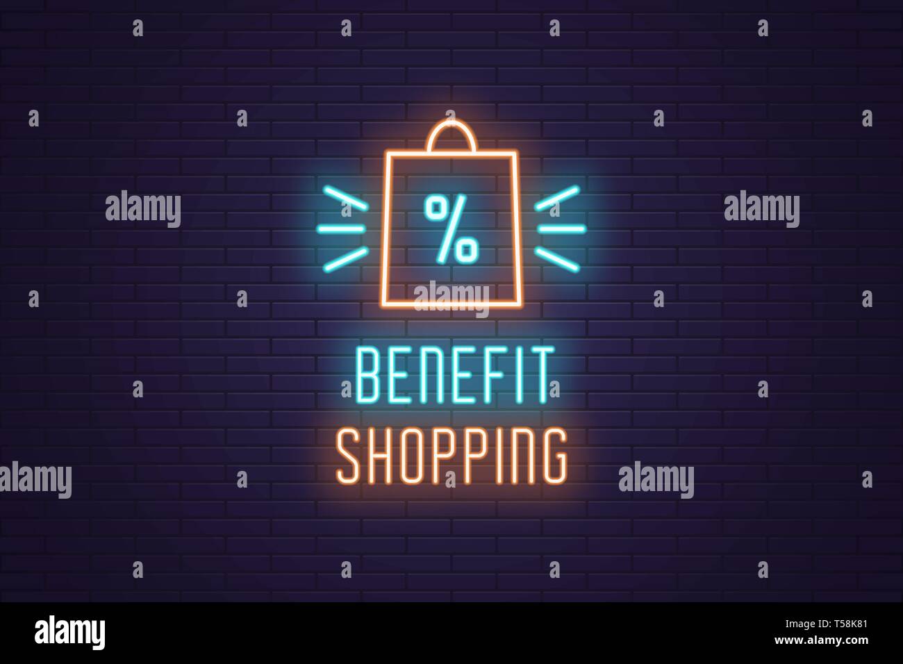 Composition de l'avantage global néon Shopping. Vector illustration of glowing Neon et Sac shopping Prestations texte. Pancarte numérique lumineux pour l'E-comme Illustration de Vecteur