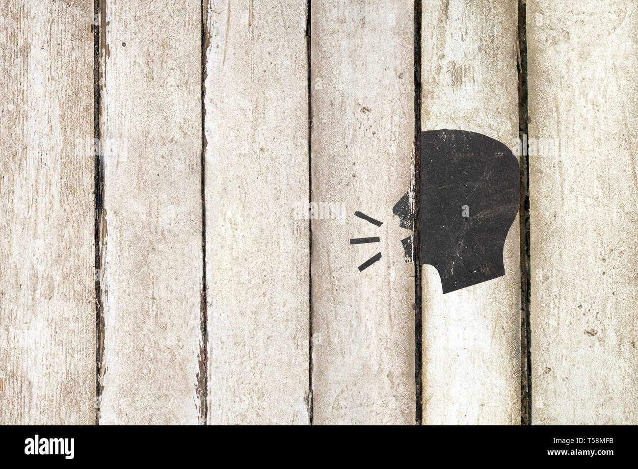 Club francophone l'arrière-plan. Parlant silhouette masculine sur fond de bois. Conversation homme icône sur fond blanc. La tête, les gens, les écouter et parler Banque D'Images