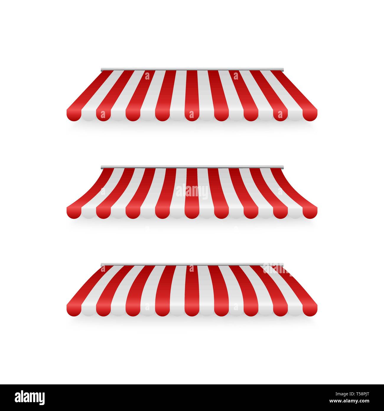 Série réaliste de rouge et blanc à rayures d'auvents. Des tentes ou des toits pour textile magasin de détail. Vector illustration isolé sur fond blanc Illustration de Vecteur