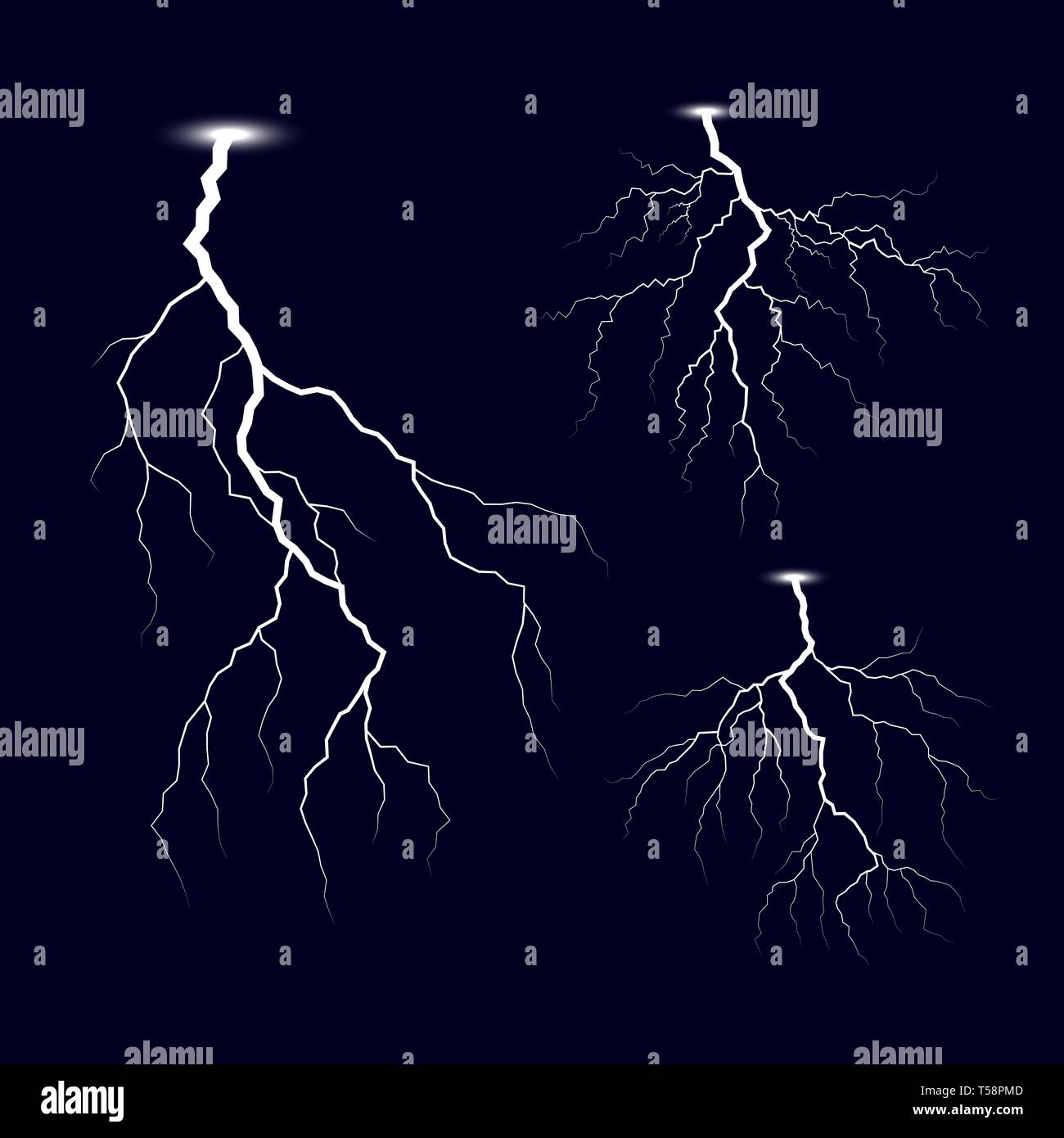 La foudre. Orage, des éclairs. Effets de lumière vive. Vector illustration isolé sur fond sombre Illustration de Vecteur