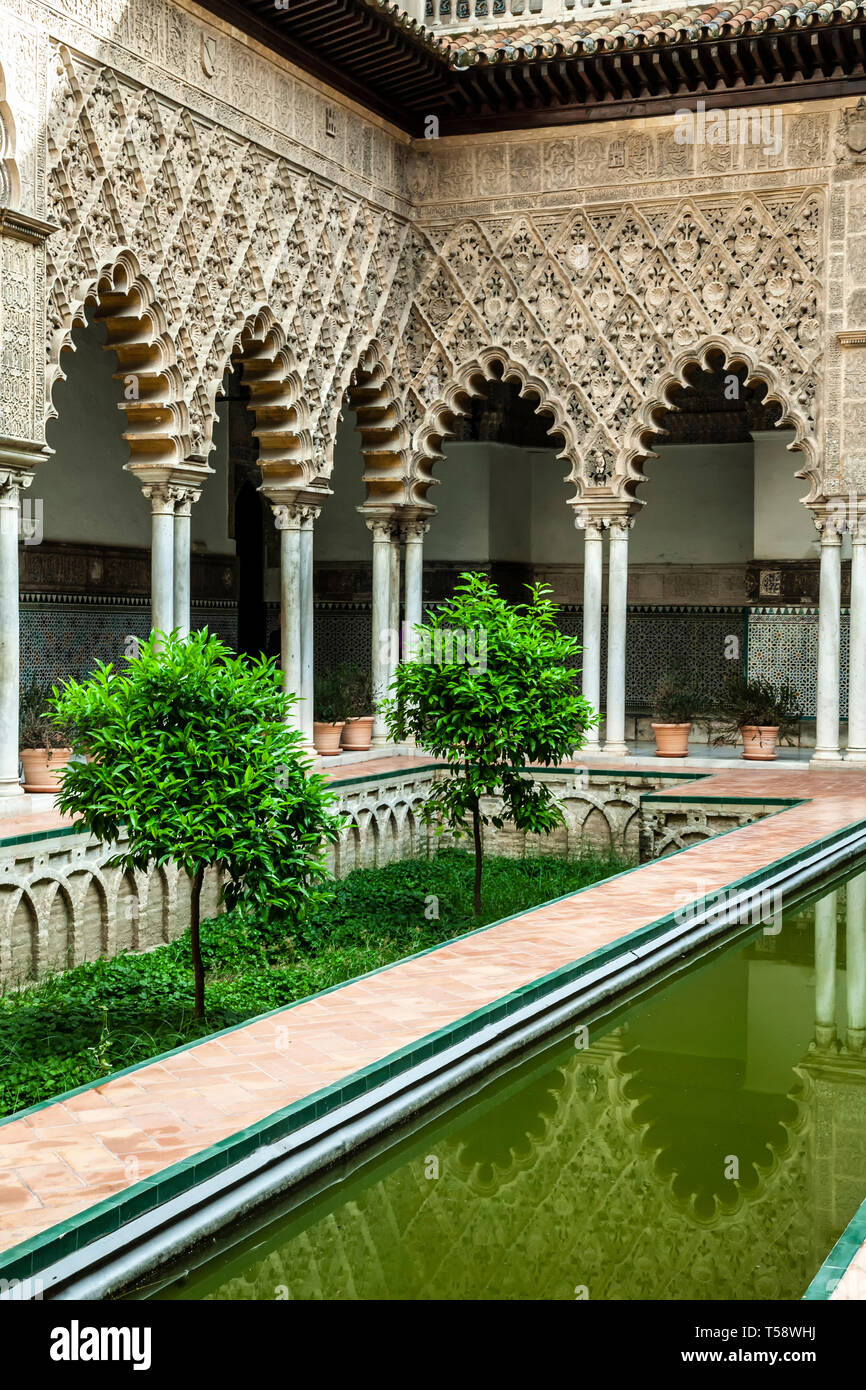 Patio intérieur, Alcazar de Séville (Palais Royal de Séville), Séville, Espagne Banque D'Images