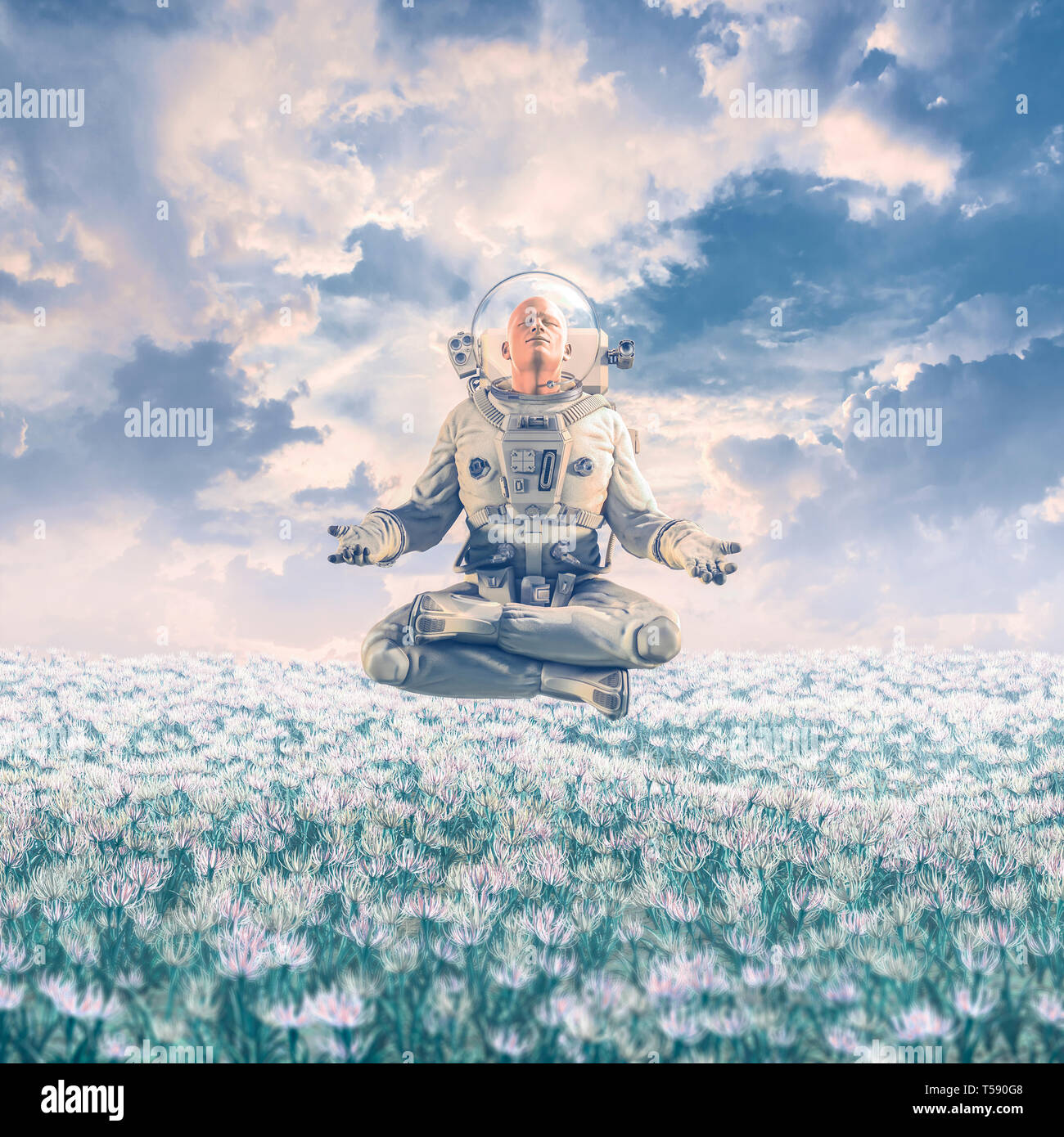 Rêveur dans le domaine / 3D illustration de la science-fiction avec scène surréaliste en méditant en lévitation astronaute sur un champ de fleurs sous un glorieux Banque D'Images