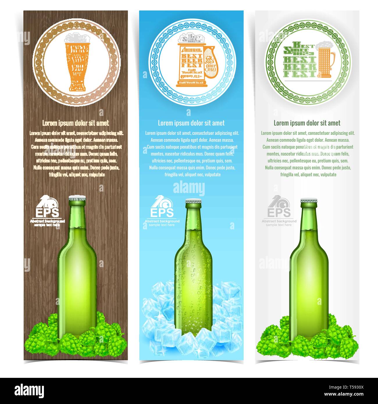 Modèle de brochure pour la bière thème avec bouteille verte sur hop et Ice Cube Illustration de Vecteur