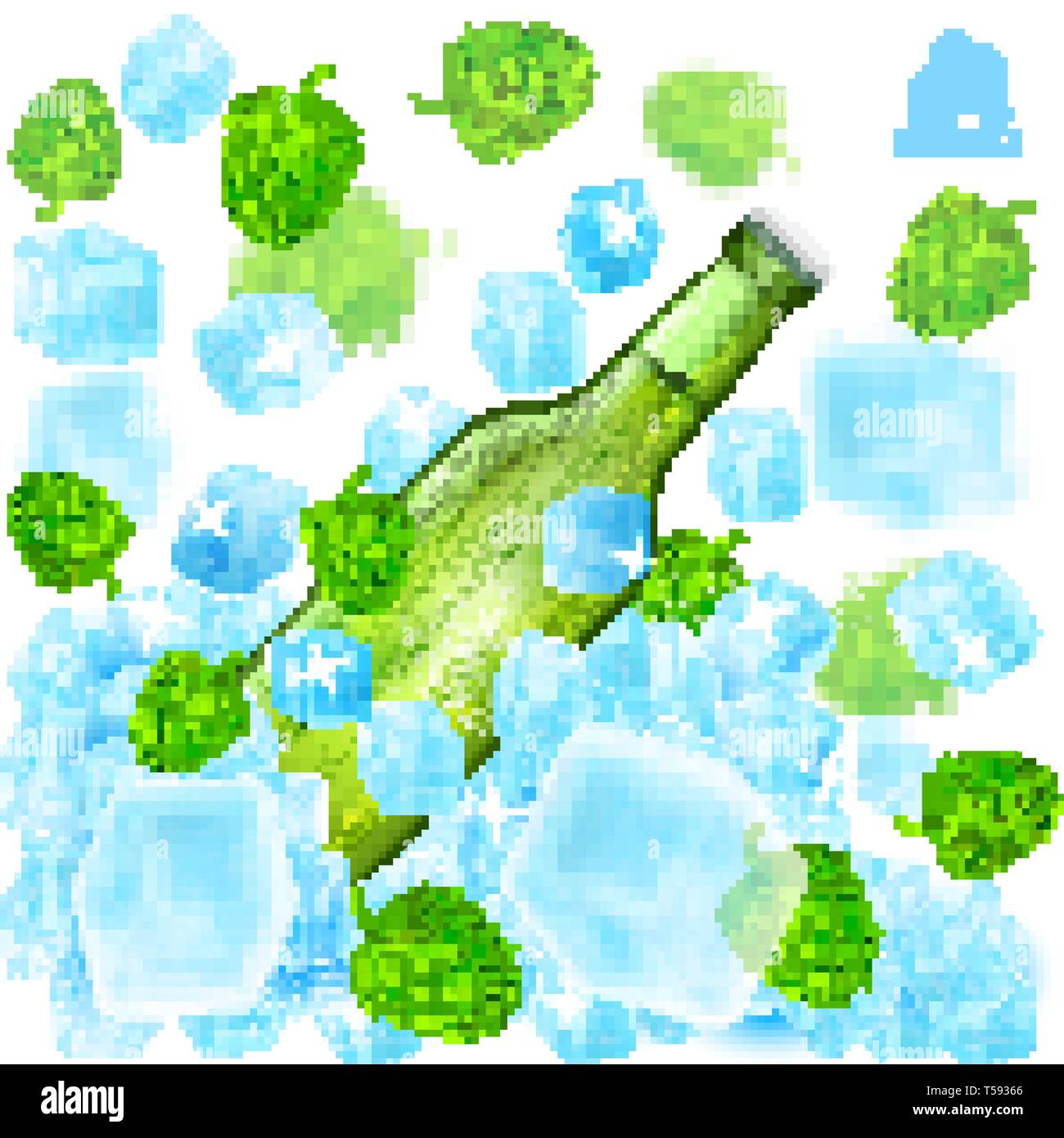 Bouteille de bière verte réaliste mouches à partir de cubes de glace entre battant la profondeur de champ cônes de houblon et de glace sur blanc Illustration de Vecteur