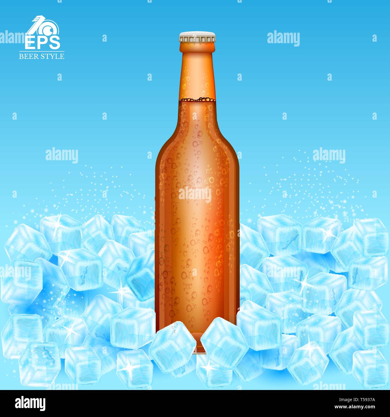 Maquette réaliste bouteille de bière brune sur des cubes de glace sur fond bleu Illustration de Vecteur