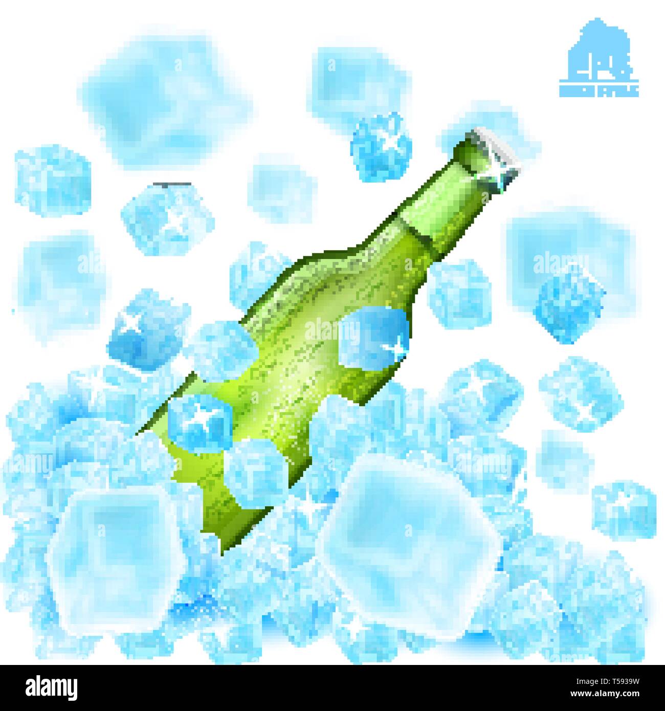 Simulation réaliste en vert bouteille de bière gelé dans iceberg entre profondeur de champ cônes de houblon sur fond blanc Illustration de Vecteur