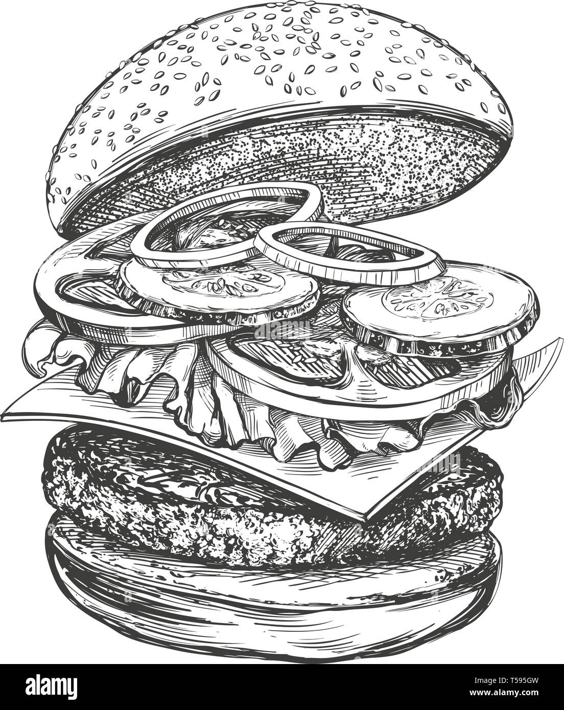 Big burger, hamburger hand drawn vector illustration croquis réalistes Illustration de Vecteur