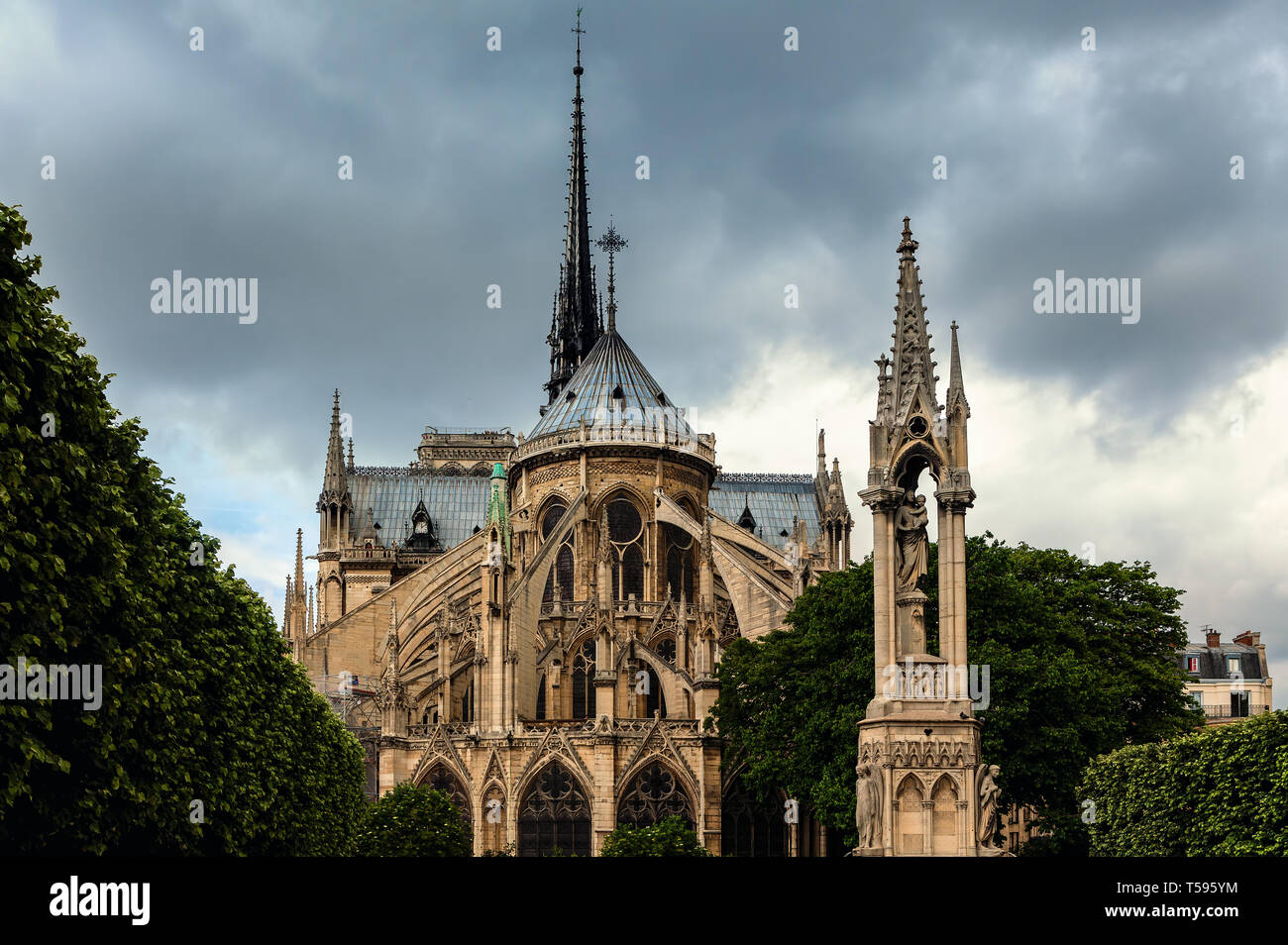 Vue de la cathédrale Notre-Dame de Paris dans le cadre de ciel nuageux. Banque D'Images