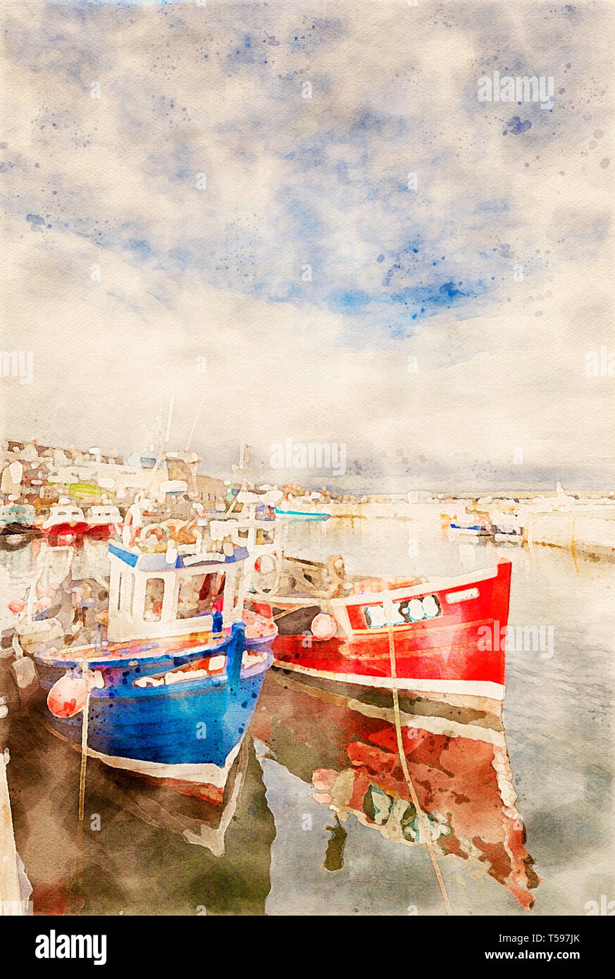 Effet aquarelle à partir d'une photo de Seahouses Harbour sur la côte de Northumberland Région d'une beauté naturelle, England, UK Banque D'Images