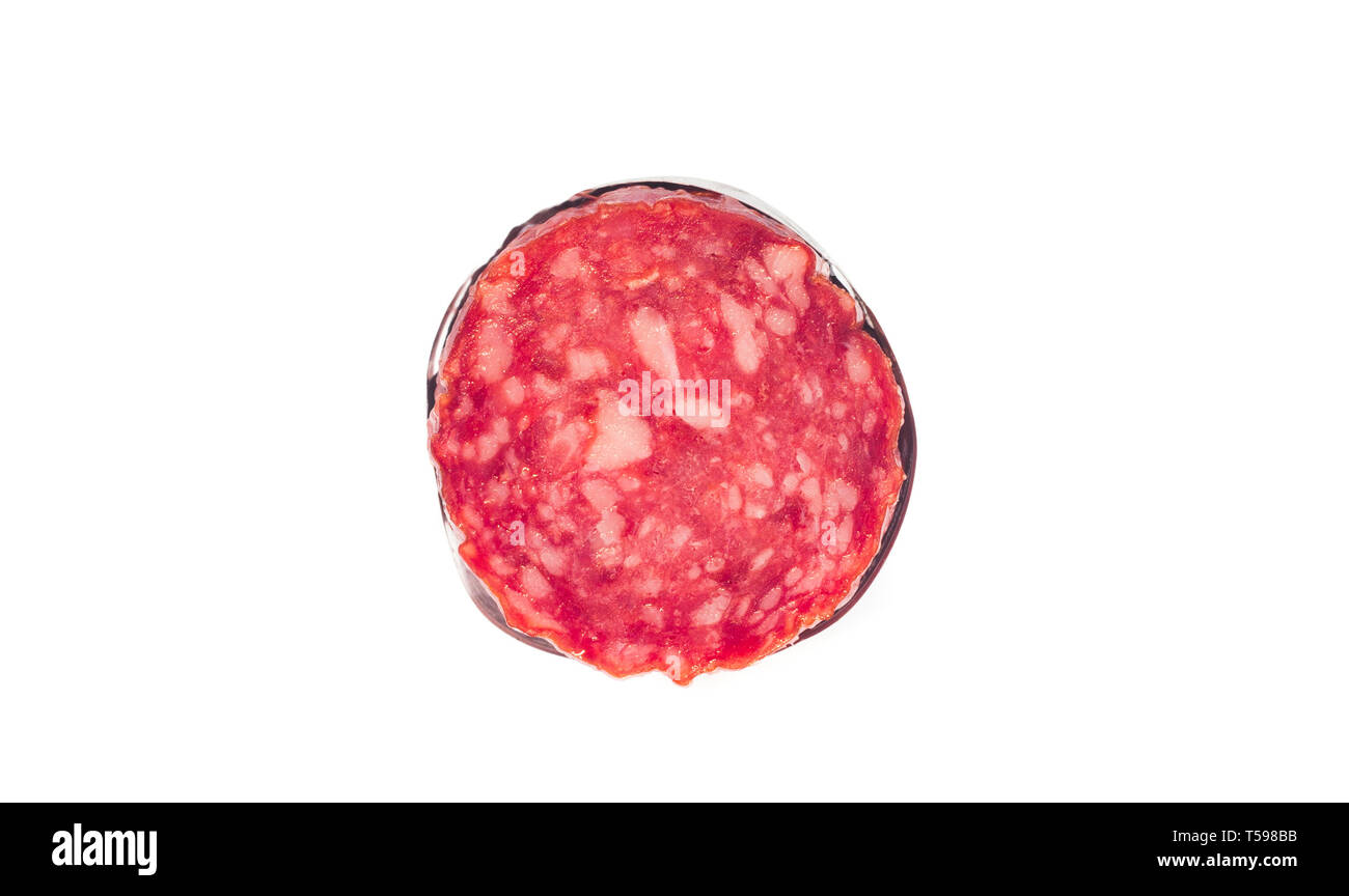 Tranche de salami viande isolé sur fond blanc Banque D'Images Tranche de salami viande isolé sur fond blanc Banque D'Images