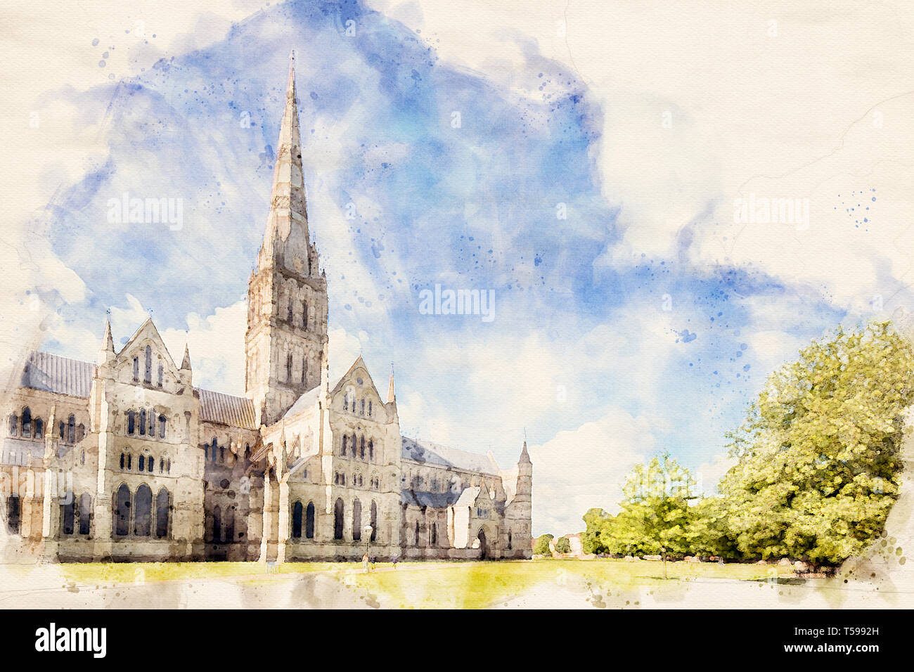 Effet aquarelle à partir d'une photo de la cathédrale de Salisbury, Wiltshire, Angleterre, Royaume-Uni Banque D'Images