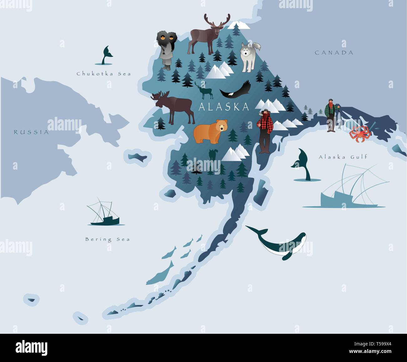Site de l'Alaska avec des animaux, des Esquimaux, des forêts, des montagnes, des chasseurs, des bateaux, des poissons et des pêcheurs Illustration de Vecteur