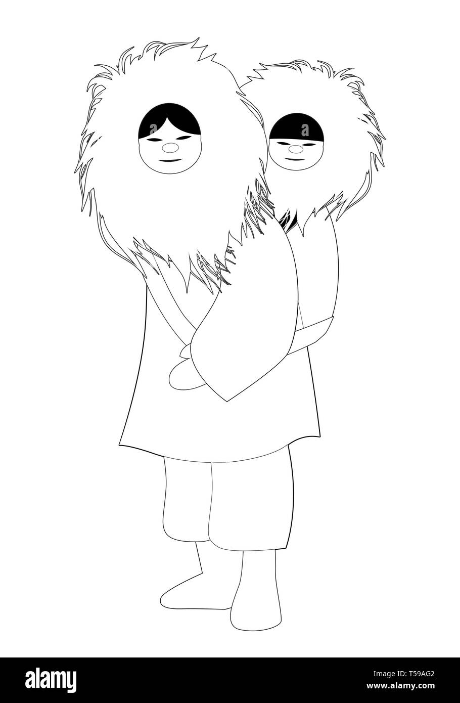 Eskimo mère avec fils derrière son dos, le port de vêtements de fourrure, isolé sur fond blanc Illustration de Vecteur