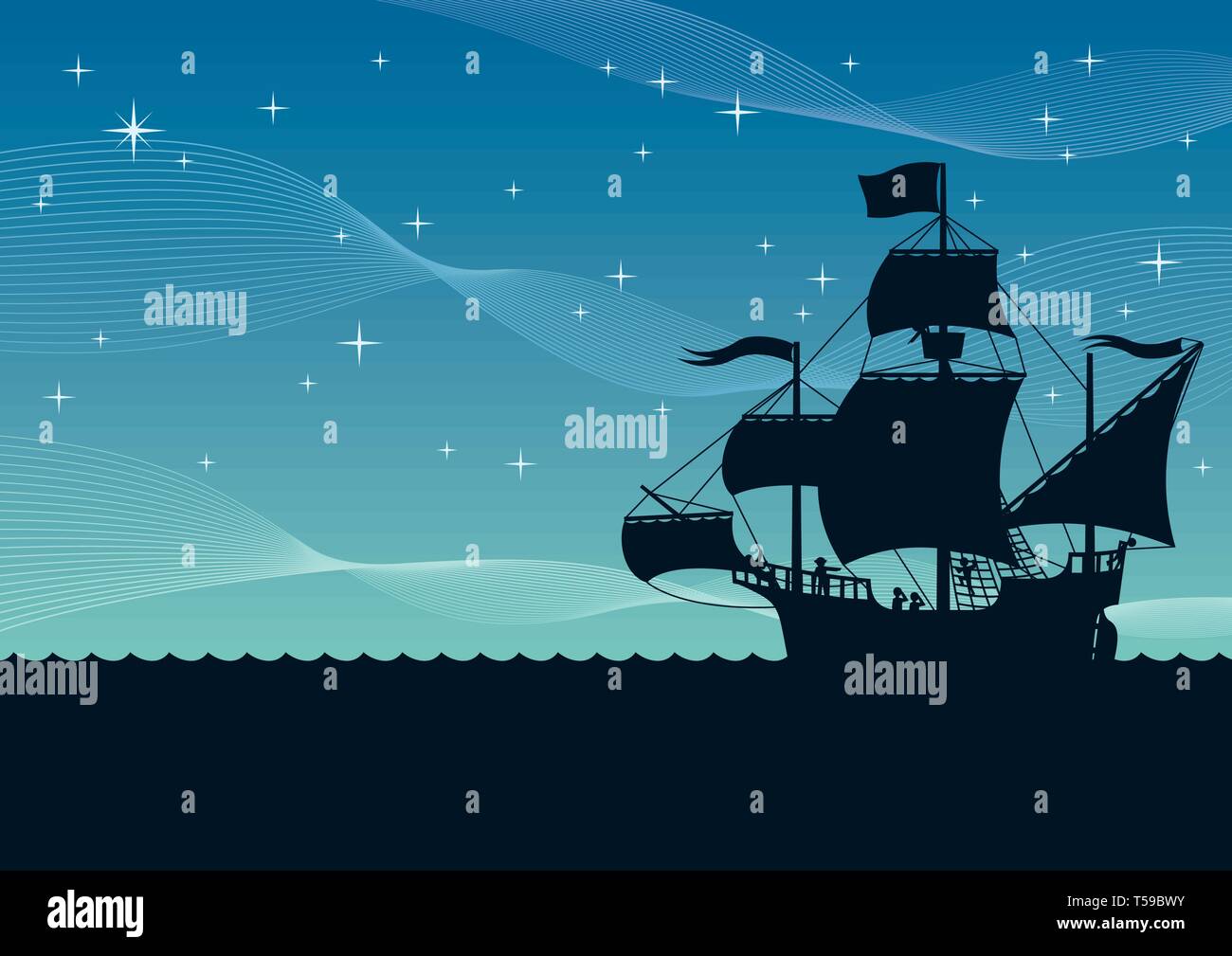 Navire naviguant nuit Illustration de Vecteur