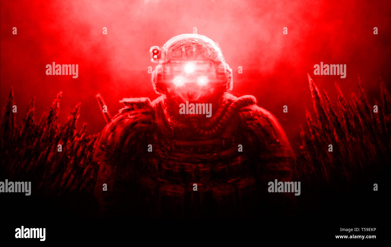 Officier des Forces spéciales dans le dispositif de vision nocturne sur fond rouge. Illustration de la science-fiction genre. Banque D'Images