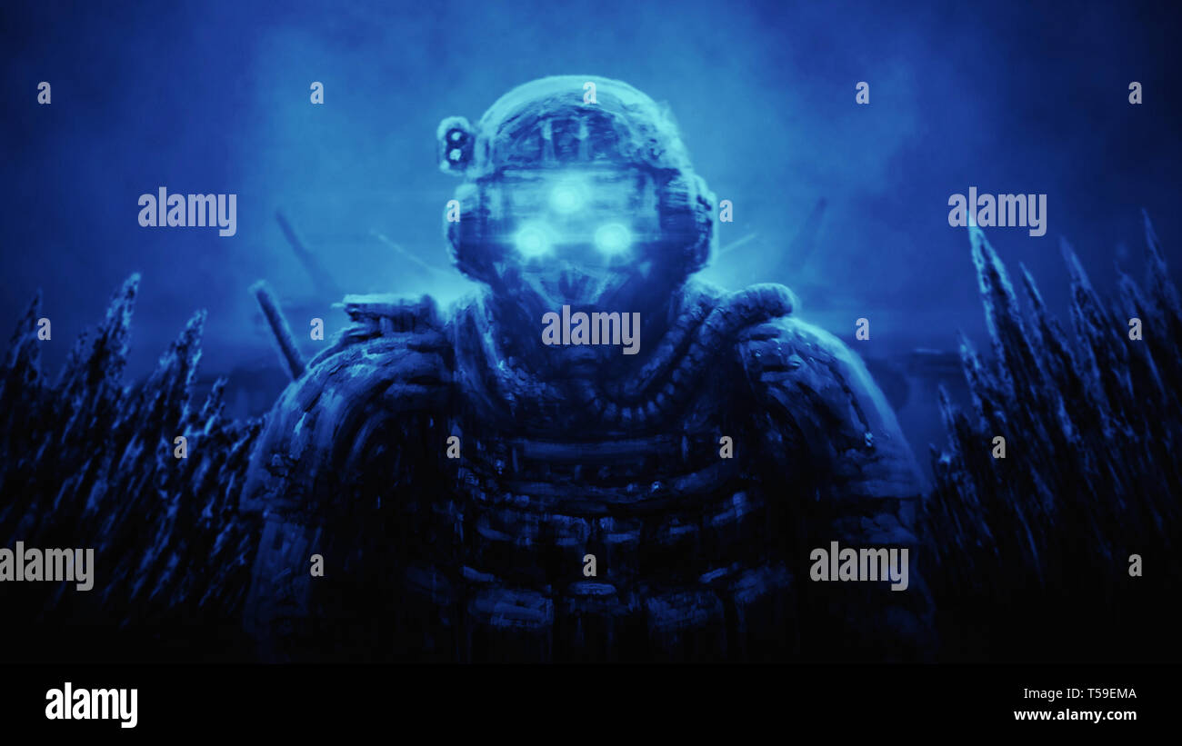 Officier des Forces spéciales dans le dispositif de vision nocturne sur fond bleu. Illustration de la science-fiction genre. Banque D'Images