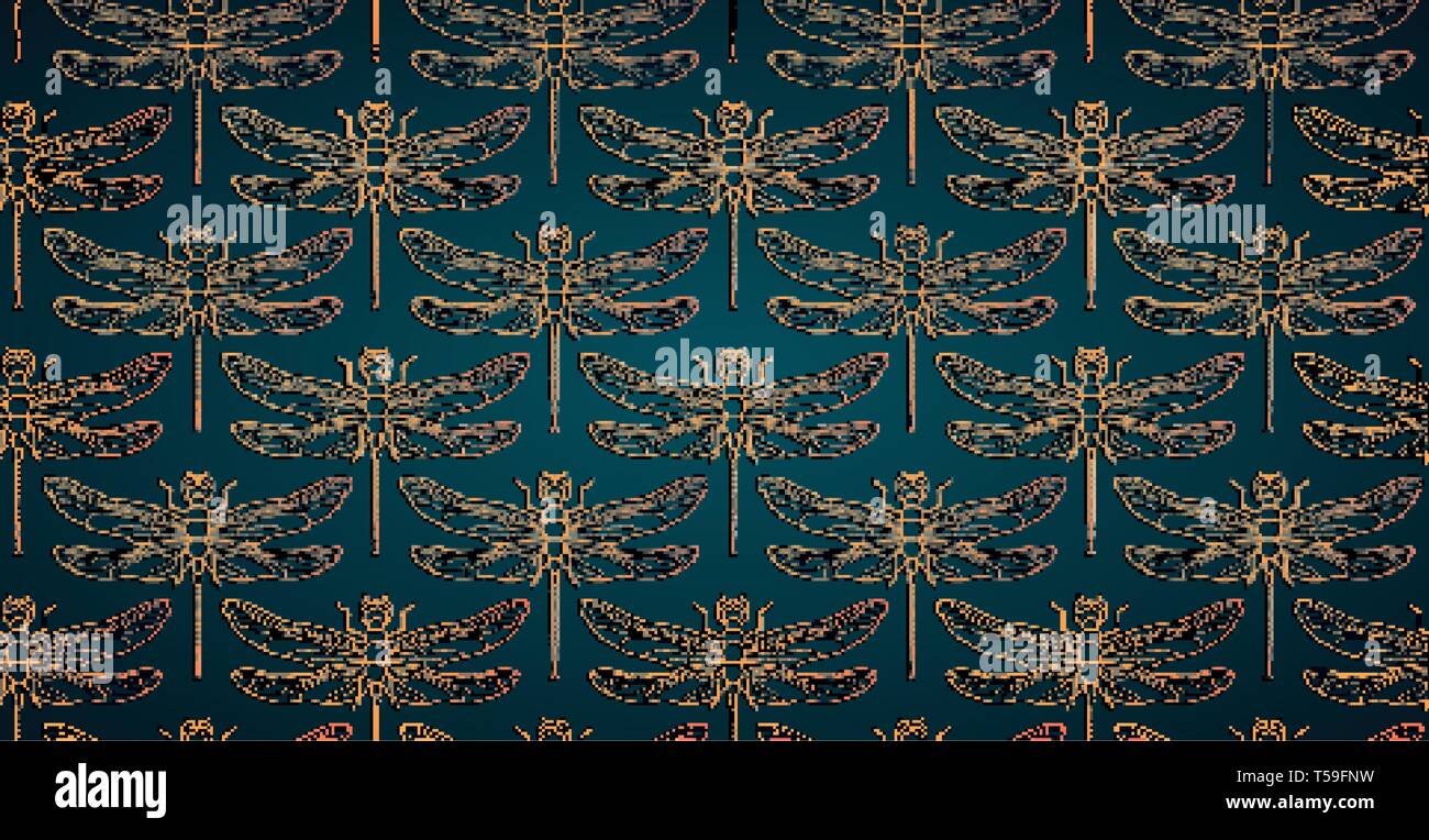 Motif libellule vector illustration parfaite. Motif de fond d'insectes de l'or. Romantique de luxe Vintage carreaux or libellule sur dark minimaliste Illustration de Vecteur