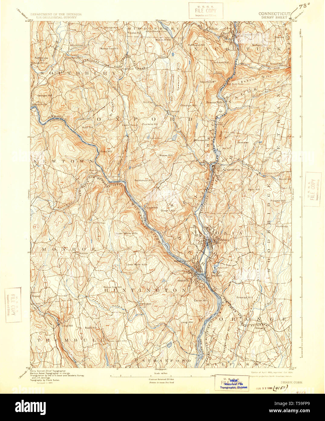 Carte TOPO USGS Connecticut CT Derby 3310211893 Restauration 62500 Banque D'Images