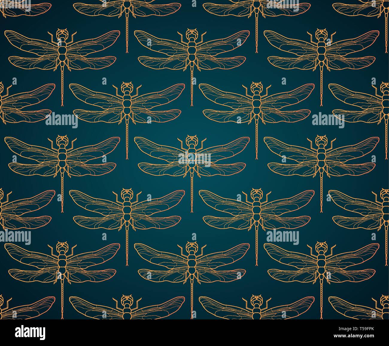 Motif libellule vector illustration parfaite. Motif de fond d'insectes de l'or. Romantique de luxe Vintage carreaux or libellule sur dark minimaliste Illustration de Vecteur