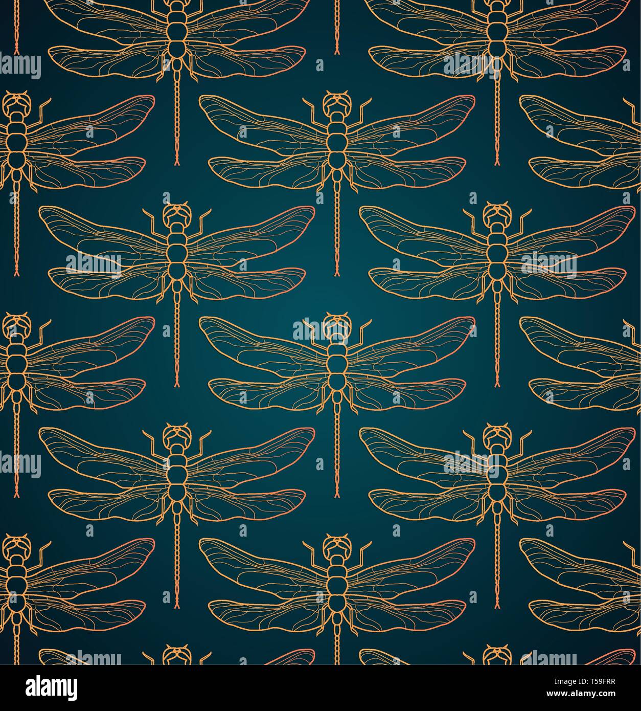 Motif libellule vector illustration parfaite. Motif de fond d'insectes de l'or. Romantique de luxe Vintage carreaux or libellule sur dark minimaliste Illustration de Vecteur