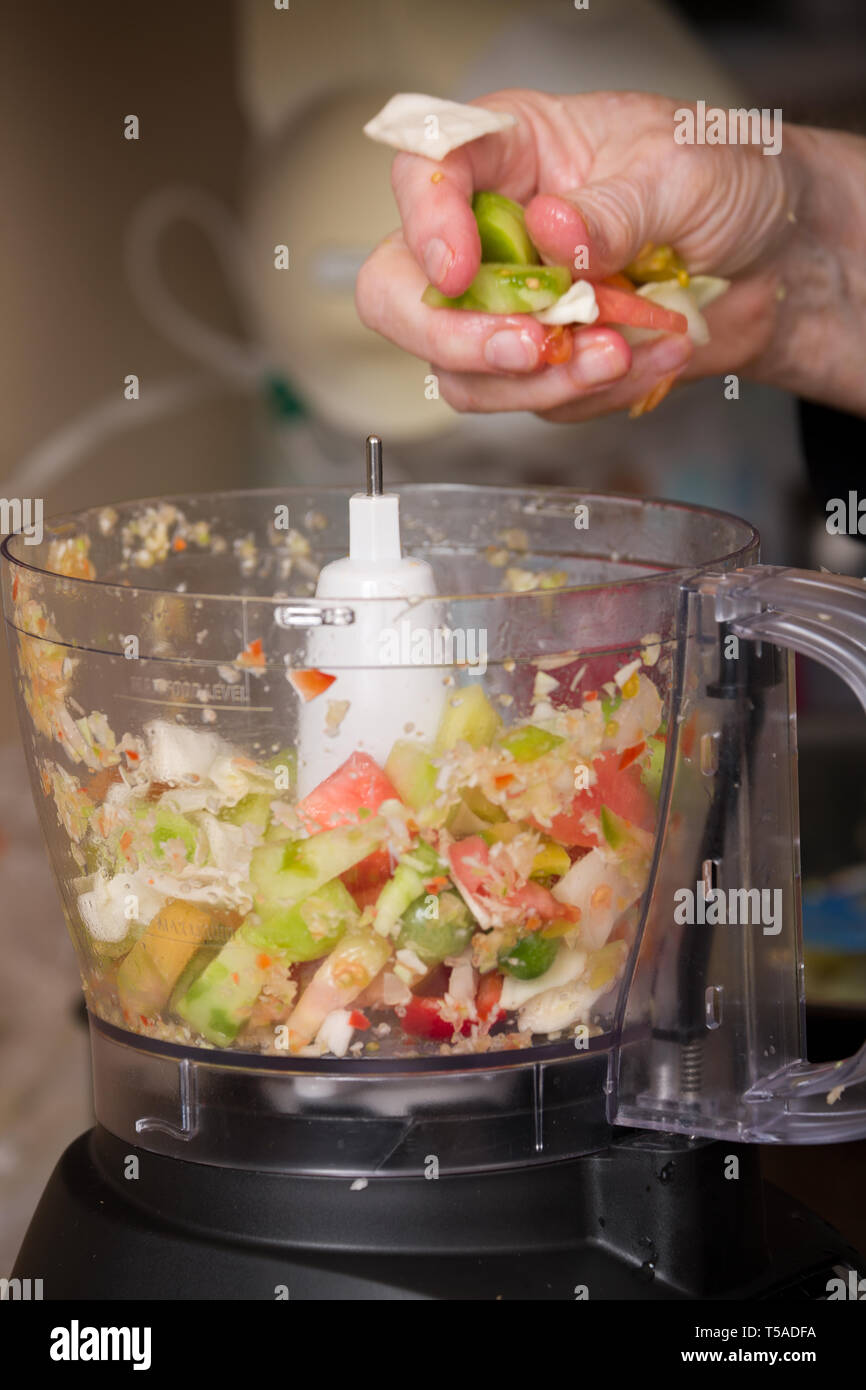 Ajouter matière femme ingrédients (poivrons, oignons, choux, carottes et tomates) pour faire plaisir dans un mélangeur. (MR) Banque D'Images