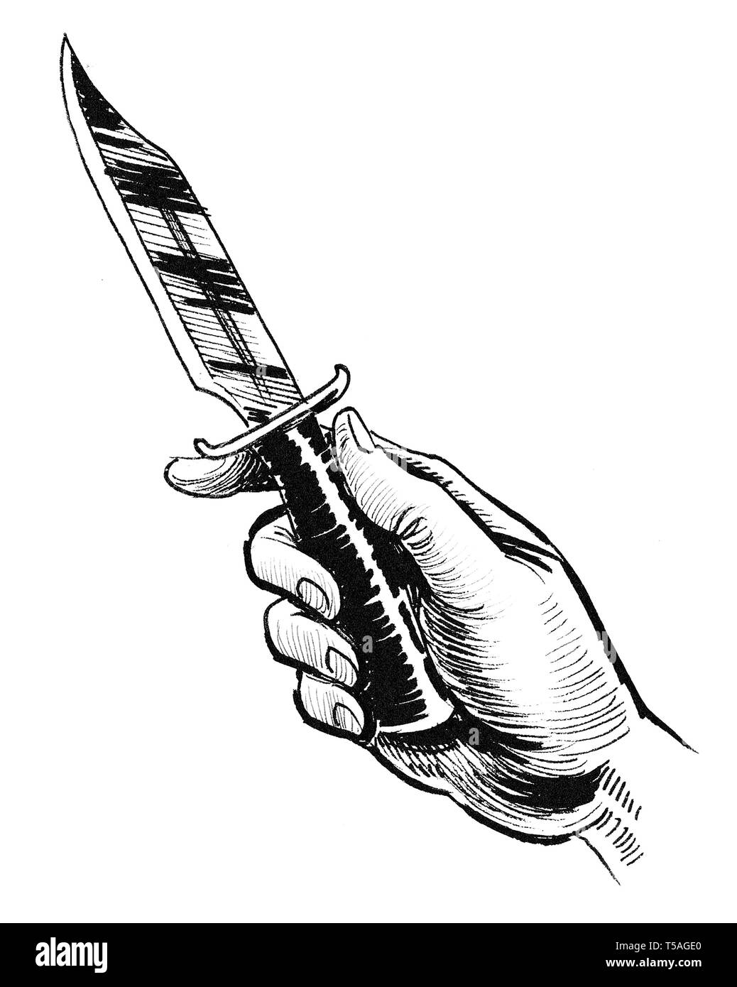 Main tenant un couteau. Dessin noir et blanc Encre Banque D'Images