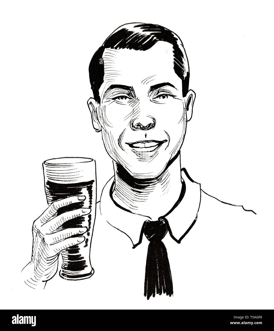 Heureux Monsieur Avec Un Verre De Biere Dessin Noir Et Blanc Encre Photo Stock Alamy